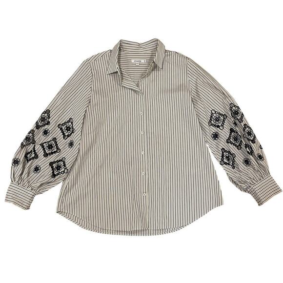 Chico’s 1.5 Embroidered Balloon Sleeve Shirt | US 10, Striped, Button Front - Picture 1 of 9